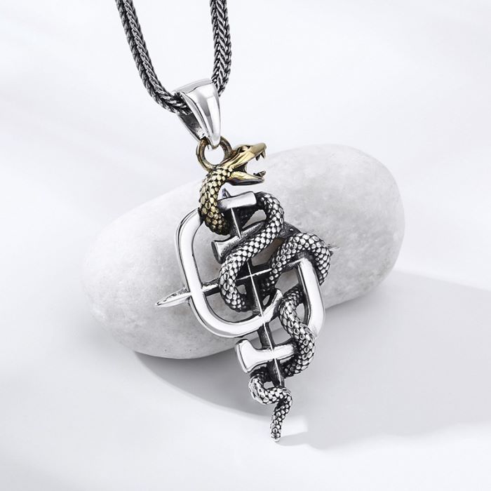 Mens Silver Snake Key Pendant Necklace Gothic Punk Jewelry Stainless Steel  24