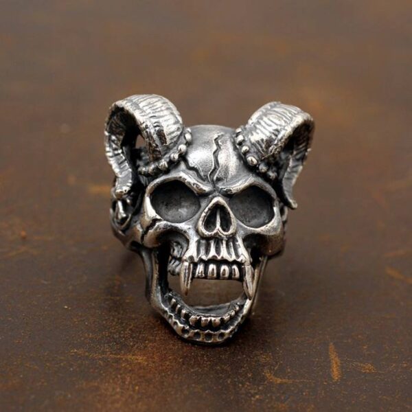 Men's Sterling Silver Demon Goat Baphomet Skull Ring - VVV Jewelry