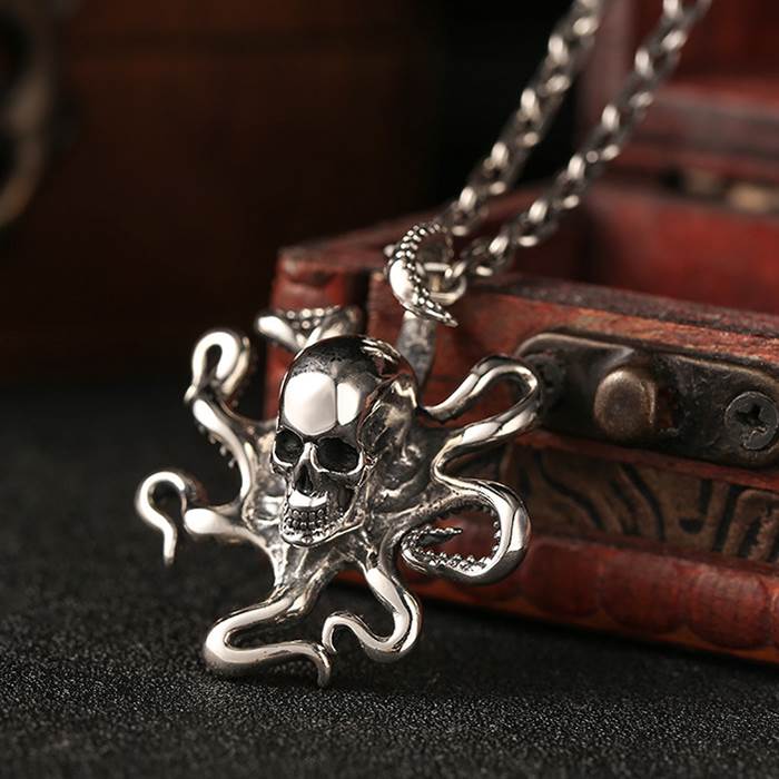 Sterling Silver Solid Octopus Skull Pendant Necklace