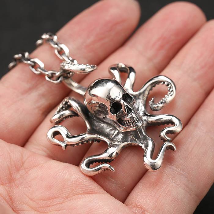 Sterling Silver Solid Octopus Skull Pendant Necklace